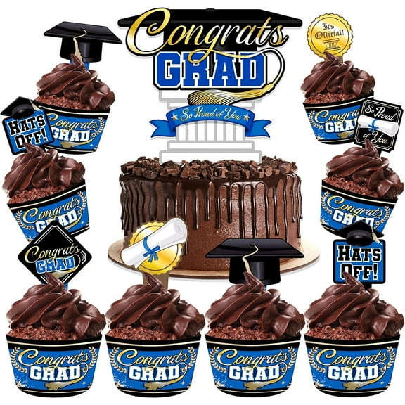 Blue Graduation Cake Topper & Blue Graduation Cupcake Toppers Kit
