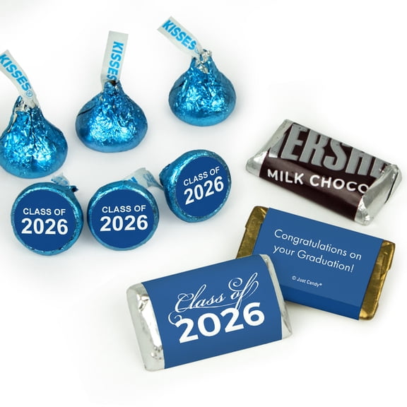 Graduation Candy Party Favors (Approx. 85 Pcs Milk Chocolate Hershey's Kisses & 34 Pcs Wrapped Miniatures) - Blue Class of 2025