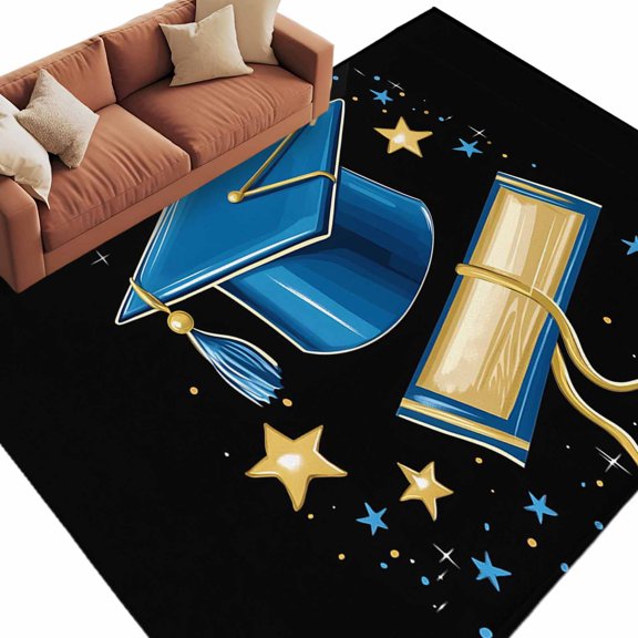 Blue Graduation Cap Area Rug 5x8 Washable Rug Non Slip Modern Art Diploma Starry Large Area Rug Soft Stainresistant Indoor Floor Carpet for Living Room Bedroom Home Office Dining Room Nursery