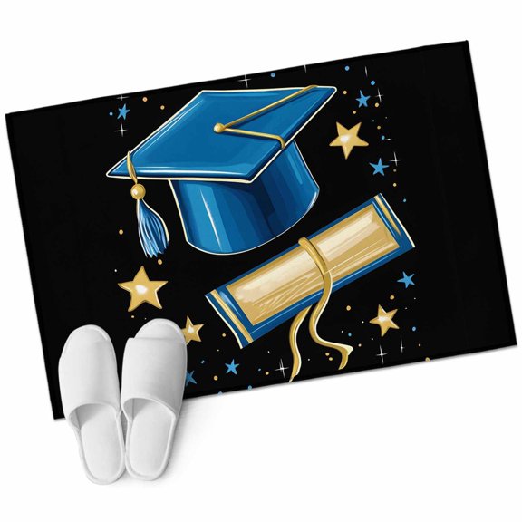 Blue Graduation Cap Bathroom Rug Washable 2x3 Entryway Rug Non Slip Modern Art Diploma Starry Front Door Mat Low Pile Indoor Doormat Throw Floor Carpet for Kitchen Bedroom Entrance
