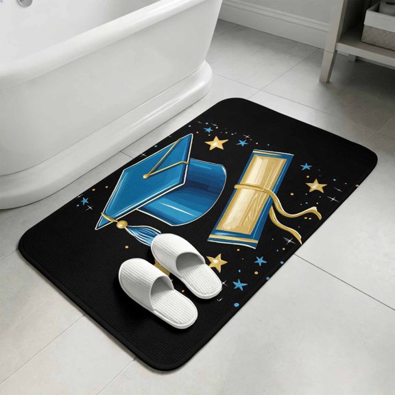 Blue Graduation Cap Bathroom Rugs Non Slip Washable Bath Mat Absorbent Low Pile Front Door Mat Modern Art Diploma Starry Indoor Doormat for Kitchen Entryway Shower Decor Accessories 15.7"x23.6"