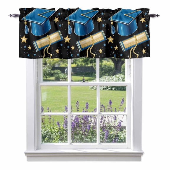 Blue Graduation Cap Diploma Valances for Windows,Kitchen Valance Rod Pocket Short Curtain, Gold Stars Valance Curtain Window Valances for Bedroom Bathroom Living Room 42x12in