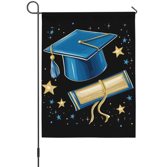 Blue Graduation Cap House Flags For Outdoor, Diploma Yellow Sparkling Stars Abstract Tassels Black Small Double Side Yard Flags Weather Proof House Decor for Lawn Outside Holiday 28 x 40 Inches