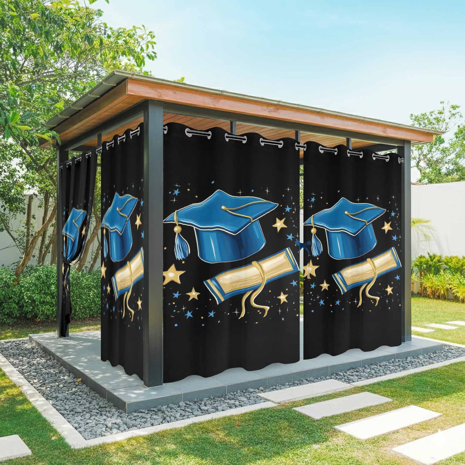 Blue Graduation Cap Outdoor Curtains for Patio, Diploma Yellow Sparkling Stars Abstract Tassels Black Sunshade Privacy Drapes Grommet Waterproof Outside Curtains for Porch Balcony 54"x108", 1 Panel