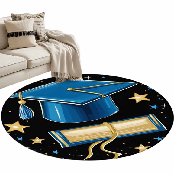 Blue Graduation Cap Round Rug 3.3ft Washable Circle Entryway Rugs Non Slip Modern Art Diploma Starry Area Rug Indoor Floor Carpet for Bedroom Kitchen Living Room Home Office Dining Room Nursery