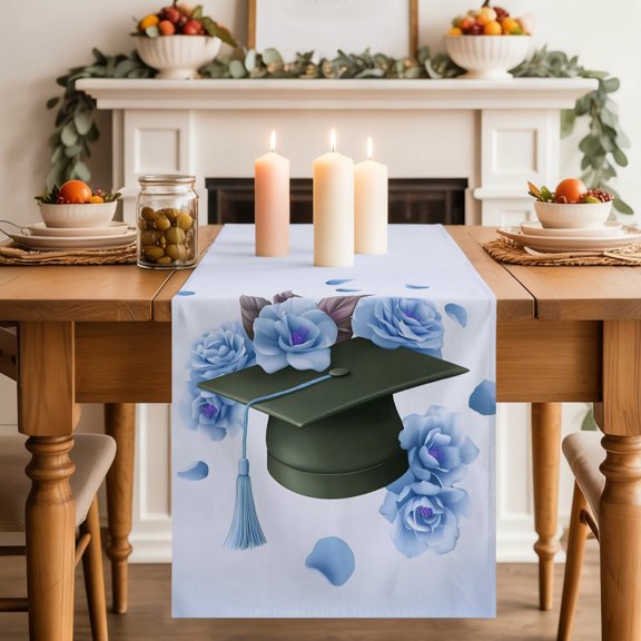 Blue Graduation Cap Table Runner 13x70 Inch Rose Flower Gradient Abstract Tassels Cotton Linen Dining Table Runner Ideal for Dresser Kitchen Coffee Tables - Machine Washable