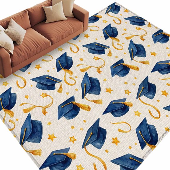 Blue Graduation Cap Tassels Area Rug 5x7 Washable Rug Non Slip Modern Star Graduation Burlap Large Area Rug Soft Stainresistant Indoor Floor Carpet for Living Room Bedroom Office Dining Room Nursery
