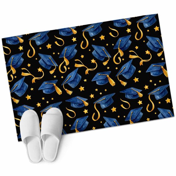 Blue Graduation Cap Tassels Bathroom Rug Washable 2x3 Entryway Rug Non Slip Modern Star Graduation Black Front Door Mat Low Pile Indoor Doormat Throw Floor Carpet for Kitchen Bedroom Entrance