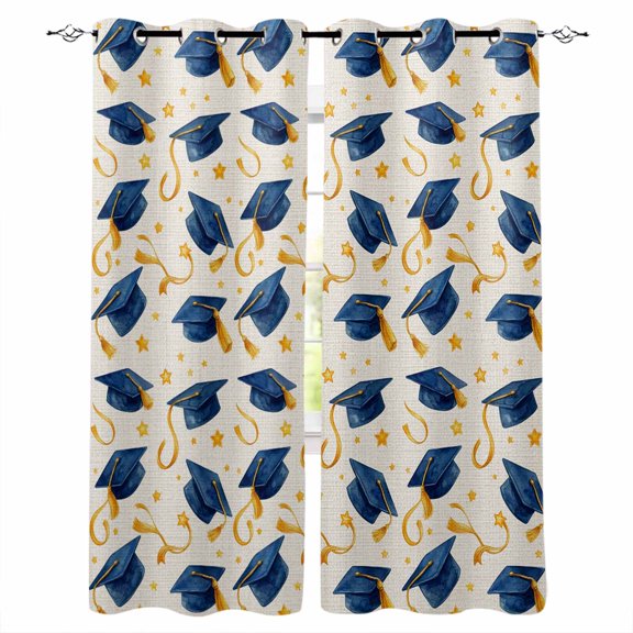 Blue Graduation Cap Tassels Blackout Curtains for Bedroom Living Room Darkening Curtains 63 Inches Long Modern Star Graduation Burlap Window Curtain 2 Panels Set Window Treatment Drapes 42"x63"