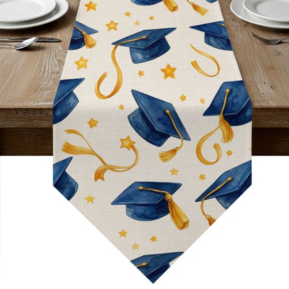 Blue Graduation Cap Tassels Table Runner Linen Burlap Table Runner 36 Inches Small Modern Star Graduation Burlap Dresser Scarves for Kitchen Island Coffee Dining Room Party Holiday Decor 13"x36"