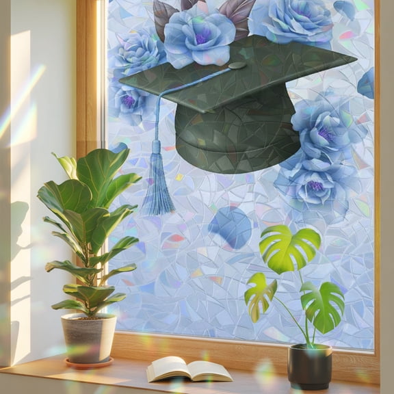 Blue Graduation Cap Window Privacy Film, Rose Flower Gradient Abstract Tassels Stained Glass Rainbow Film Decorative Window Clings, Static Cling Sun Blocking Stickers 17.7" x 39.3"