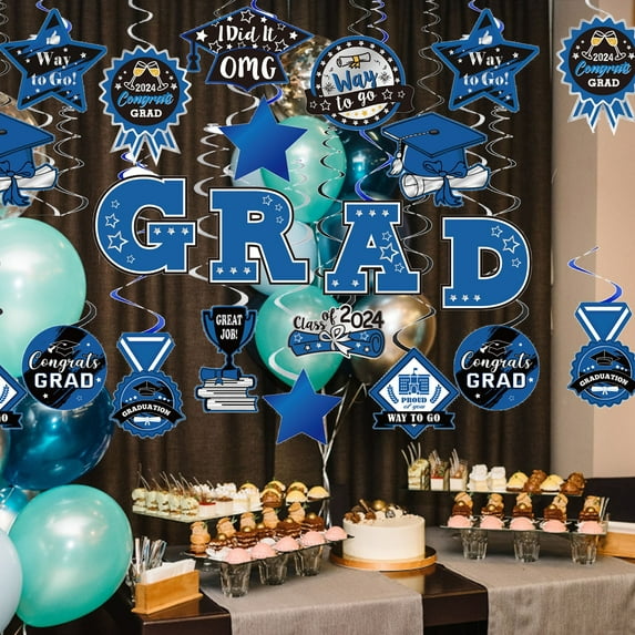 Blue Graduation Decorations 2024, We are So Proud of You Graduation Banner and Congrats Grad Hanging Swirls Decorations, College Graduation Party Decorations Class of 2024