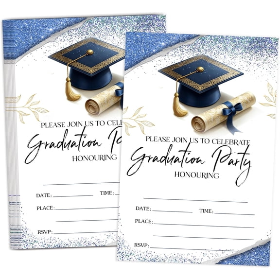 Blue Graduation Party Invitations with Envelopes, Class Of 2026 Graduation Invitation, 20 Double Sided Fill In Style Grad Invites, Grad Party Supplies for University College or High School