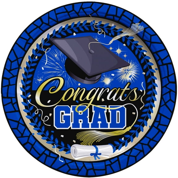 Blue Graduation Plates 7in 24 Count - Blue Graduation Party Supplies