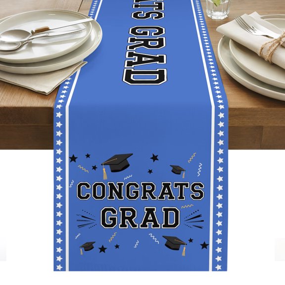 Blue Graduation Table Runner Stars Striped Graduation Cap Tablerunners 13 x 36 Inch, Table Decorations Tabletop Scarf for Summer Gathering Holiday Farmhouse Kitchen Dining Decor