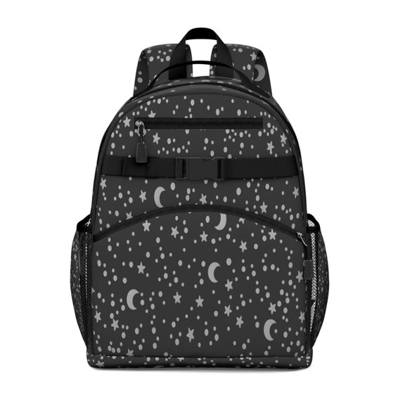 Black Gray Star Moon Pattern Backpack for School,Cute School Bag,Schoolbag with Adjustable Shoulder Straps & Padded Back,15.25"x11.5"x5.25"