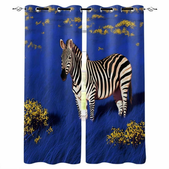 Blue Grassland Abstract Kitchen Curtains Zebra Wildflowers Natural Scenery Cafe Short Curtains for Bathroom Blackout Window Curtain Small Window Treatment Drapes for Bedroom Living Room 27.5"x39"x2