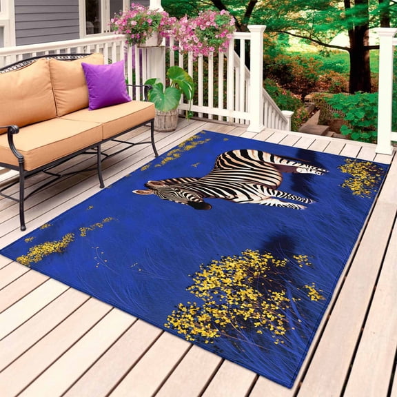 Blue Grassland Abstract Outdoor Rug 5x8 Ft, Non Slip Washable Area Rug, Zebra Wildflowers Natural Scenery Patio Rugs Carpet Runner, Large Floor Mat for Indoor/Outdoor Deck Porch Camping