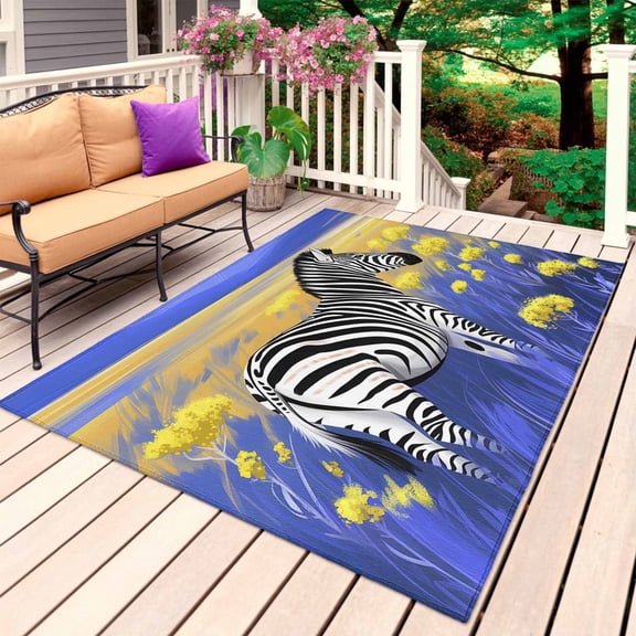 Blue Grassland Outdoor Rug 3x5 Ft, Non Slip Washable Area Rug, Natural Zebra Yellow Woldflowers Hills Patio Rugs Carpet Runner, Large Floor Mat for Indoor/Outdoor Deck Porch Camping