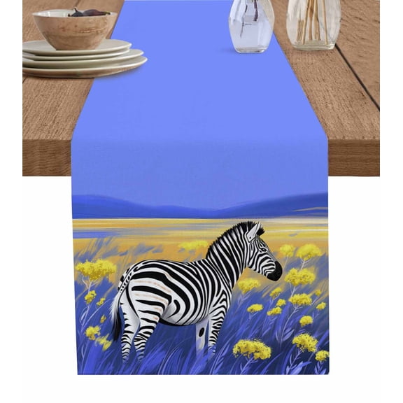 Blue Grassland Table Runner 108 Inches, Natural Zebra Yellow Woldflowers Hills Bed Runner Dresser Scarves Tabletop for Indoor Outdoor Parties/Ceremony/Banquet, 13"x 108"