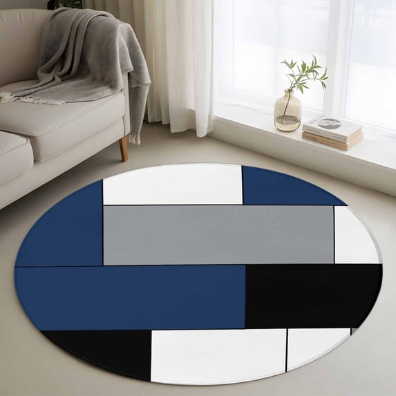Blue Gray 4FT Round Area Rugs for Living Room Abstract Color Block ...