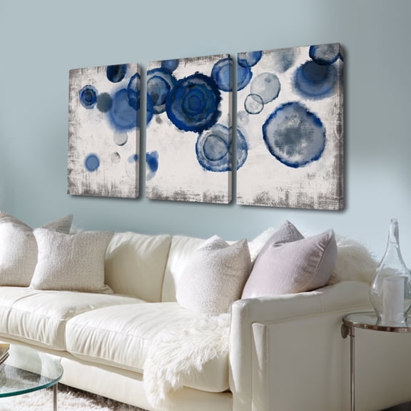 Blue Gray Abstract Wall Art, 3 Piece Watercolor Circles Canvas Print, Modern Textured Artwork for Home Decor, Ready to Hang - 12" x 16"x 3