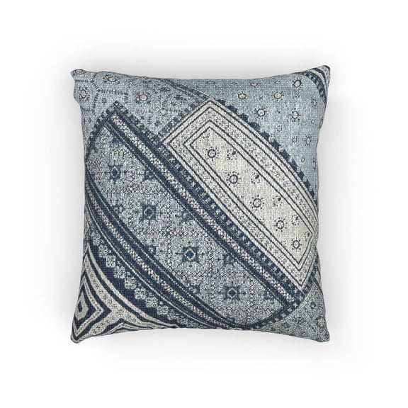 Blue Gray Bandana Patchwork Decorative Woven Pillow, Cotton-Polyester Shell, Geometric Paisley Home Accent