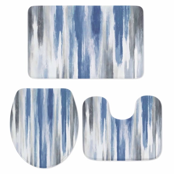 Blue Gray Bath Mat 3 Piece Bathroom Rug Set, Modern Simple Abstract White Ombre Texture Non Slip Bath Rug Contour Mat and Toilet Lid Cover, Absorbent Shower Mats Soft Bath Rugs and Mats Sets