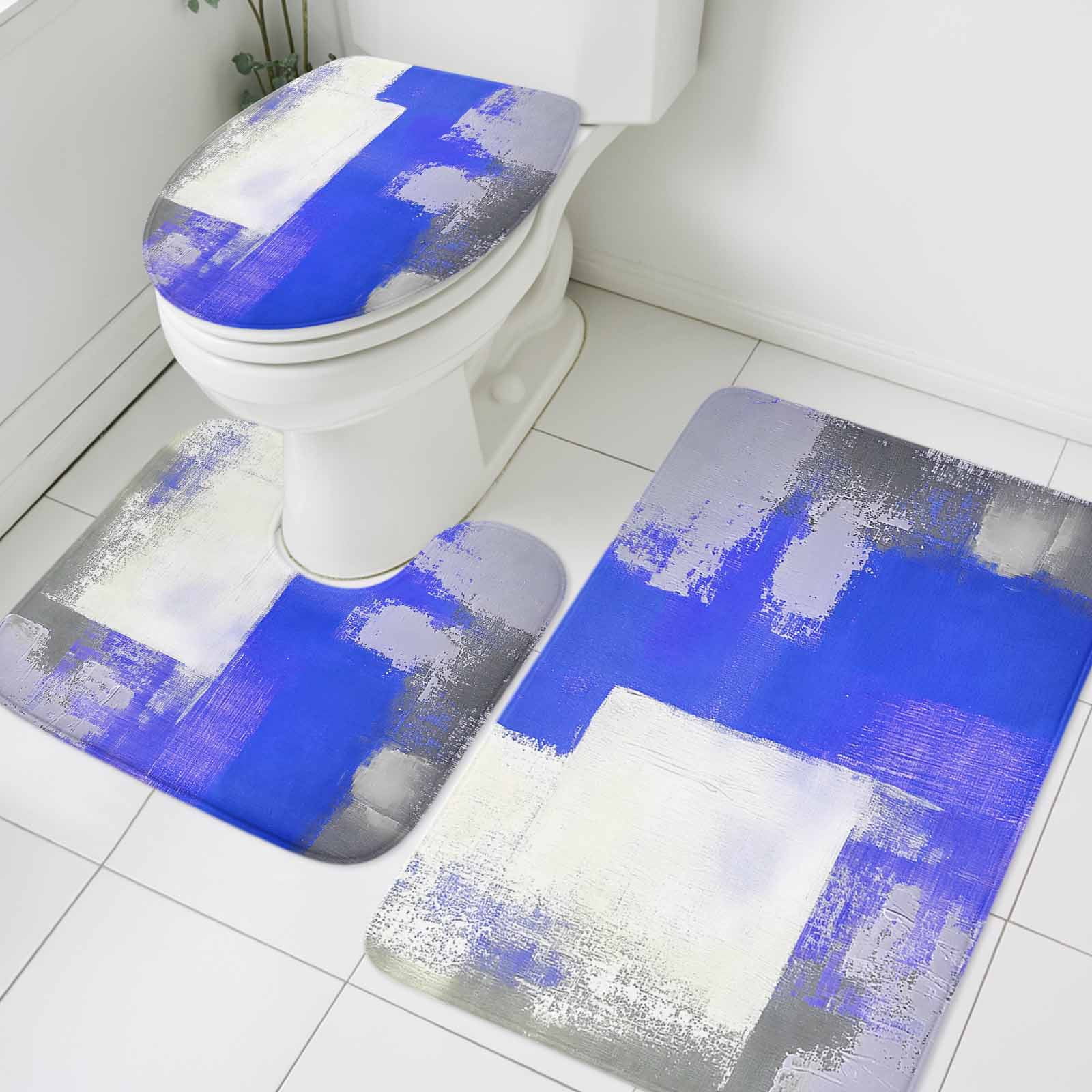 Blue Gray Bathroom Rugs Set Graffiti Color Blocks Abstract Geometric ...