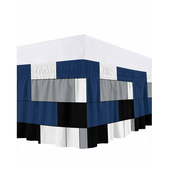 Blue Gray Bed Skirt California King Size 16" Drop Abstract Color Block Geometric Modern Ruffled Wrap Around Bed Skirts Adjustable Elastic Bedskirt Dust Ruffle for California King Size Bed