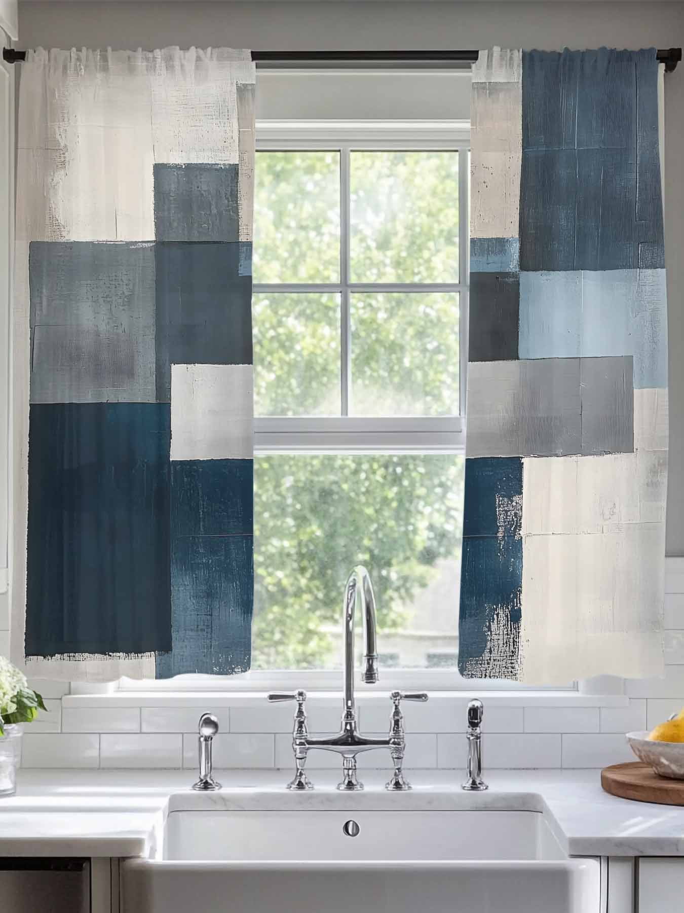 Blue Gray Beige Sheer Curtains for Living Room Bedroom Retro Abstract