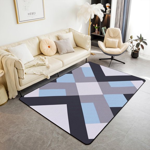 Blue Gray Black Area Rug Geometric Square Plaid Decorative Carpet Set Room Modern Abstract Style Rugs For Living Room Bedroom Easy To Wash Indoor Floor Mat 5x6ft