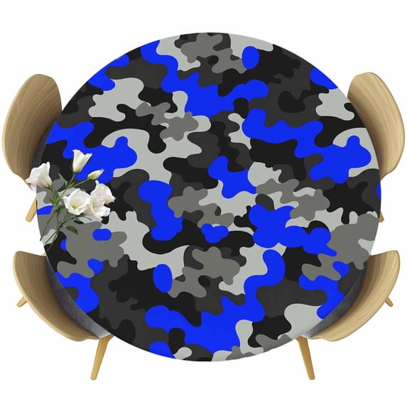 Blue Gray Black Round Tablecloth, Fitted Table Cover with Elastic for 55"-60" Round Tables, Modern Gradient Abstract Texture Art Table Cloth Outdoor Indoor Dinning Party Waterproof Tablecloths