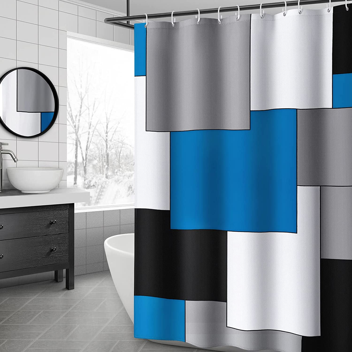 Blue Gray Black White Abstract Shower Curtain Modern Bathroom Curtain