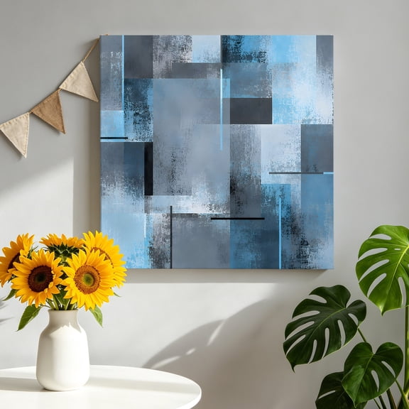 Blue Gray Block Canvas Wall Art, Abstract Minimalist Wash Textured Scraping Framed Picture Canvas Wall Art Print Decor Artwork Decorations for Living Room Bedroom Ready to Hang 8" x 8"