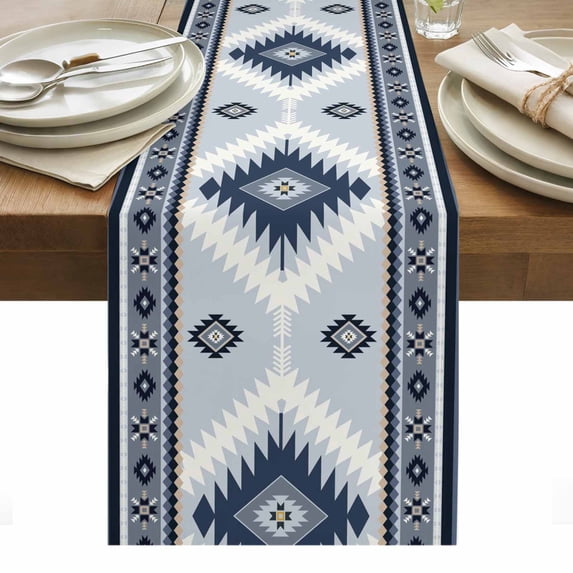Blue Gray Boho Table Runner - 120 Inch Long, Kitchen Dining Table Runner Dresser Scarves, Southwestern Ethnic Abstract Geometric Farmhouse Decor for Coffee Tables Wedding Party Banquet