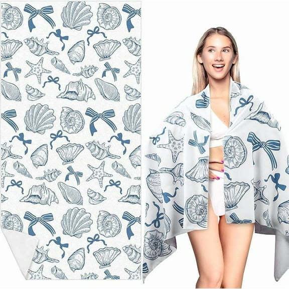 Blue and Gray Bow Pearl Beautiful Beach Towel Starfish Seashell Pattern Microfiber Pool Towel Absorbent Quick Dry Adults Sand Free Blanket for Pool Party Bath Sport Travel Beach Swimming