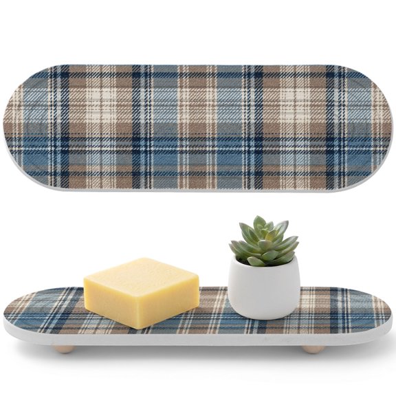 Blue Gray Buffalo Plaid Diatomaceous Earth Coasters, Rustic Farmhouse Water Absorbent Diatomite Coaster, Bathroom Tray Stone Dish Drying Mat Kitchen Sink Tray 12x4in
