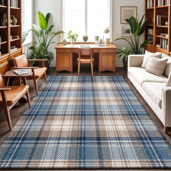 Blue Gray Buffalo Plaid Washable Area Rug 6 x 9 ft Rustic Farmhouse Soft Non Slip Rugs Stain Repellent Indoor Felt Carpet for Living Dining Room Bedroom Home Office
