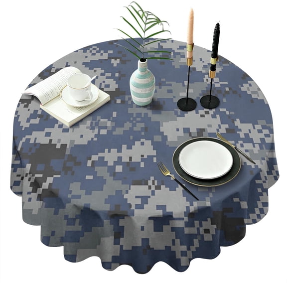 Blue Gray Camo Digital Pattern Round Tablecloth 60"x60",Wrinkle Wipeable Table Cloth for Kitchen Dining Room Picnic Patio Party