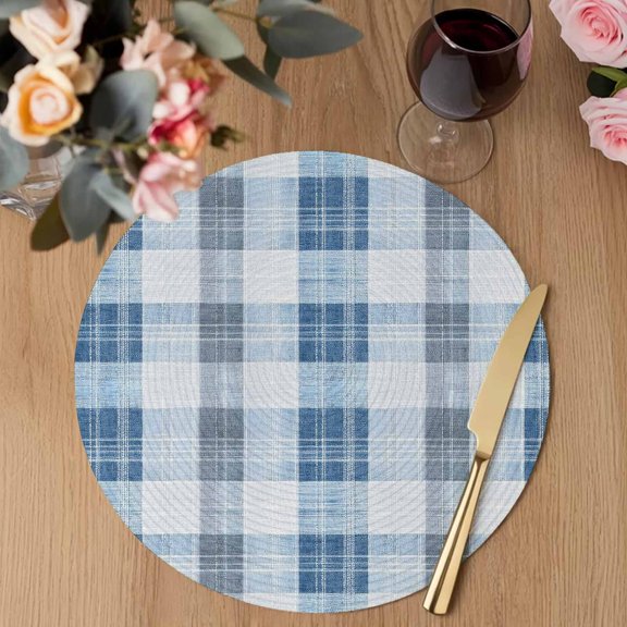 Blue Gray Checkered Round Braided Placemats Set of 1, Minimalist Modern Gingham Gradient Geometrical Heat Insulation Place Mats Washable Non-Slip Table Mats for Kitchen Dining Party, 13 Inches