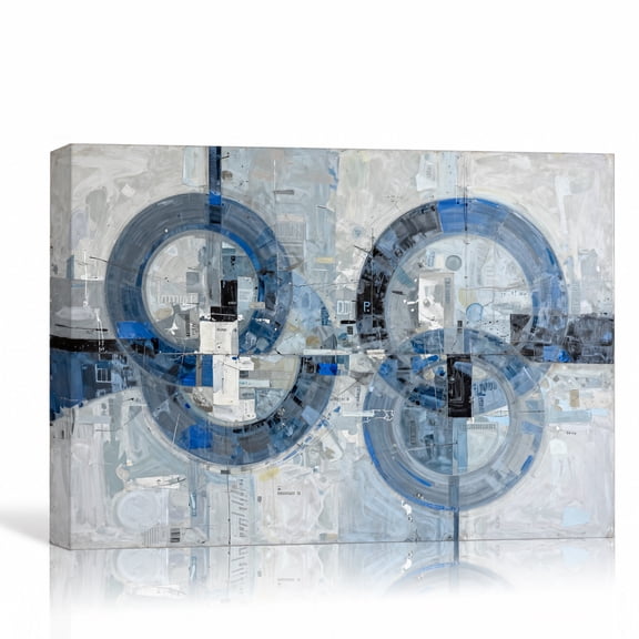 Blue Gray Circular Rings Wall Art Abstract Canvas Print Geometric Collage Gallery Wrapped Canvas Office Decor 24"L x 16"W