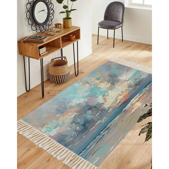 Blue Gray Coastal Area Rug 3x5ft Woven Runner Rug,Oil Painting Modern Abstract Art Washable Living Room Hallway Bedroom Kitchen Carpet with Tassels,Indoor Outdoor Throw Door Mat for Entryway