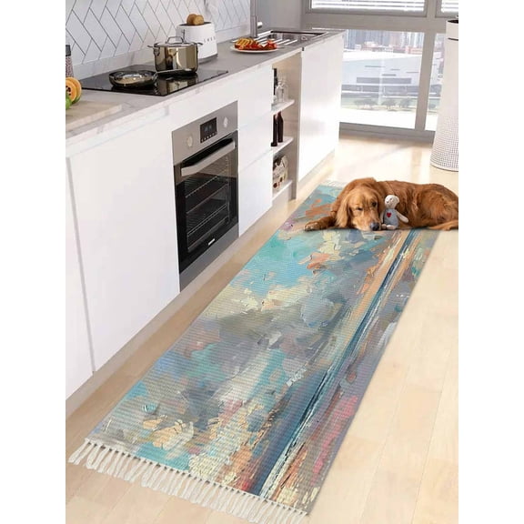 Blue Gray Coastal Entryway Runner Rug 2x4ft,Oil Painting Modern Abstract Art Washable Woven Living Room Hallway Bedroom Kitchen Carpet with Tassels,Indoor Outdoor Throw Door Mat for Entryway