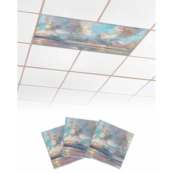Blue Gray Coastal Fluorescent Light Covers for Ceiling Lights 4x2 feet,3 Pack Magnetic Light Filters for Classroom,Oil Painting Modern Abstract Art Fluorescent Light Shade Panel for Office School