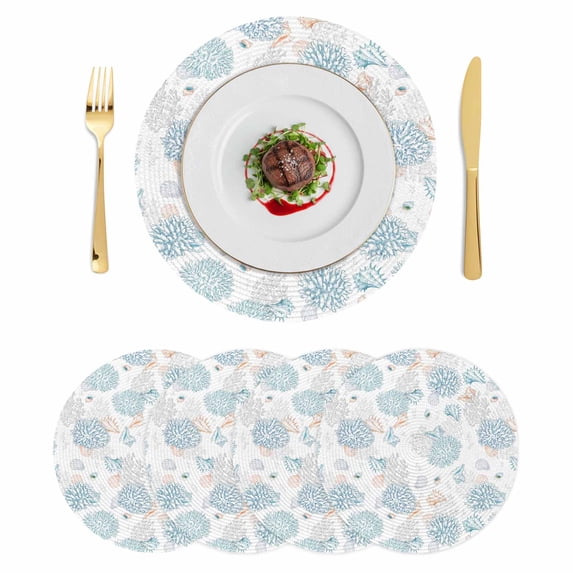 Blue Gray Coastal Round 13 Inch Placemats Set of 4, Summer Beach Ocean Coral Conch Shell HeatResistant Non Slip Place Mats for Dining Table, Wipeable Braided Kitchen Table Mats for Housewarming