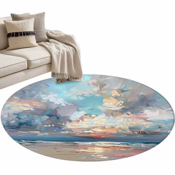 Blue Gray Coastal Round Area Rug 4ft, Oil Painting Modern Abstract Art Washable Non-Slip Circle Rugs for Bedroom Living Room Kitchen, Soft Non Shedding Circle Carpet for Dining Room Dorm