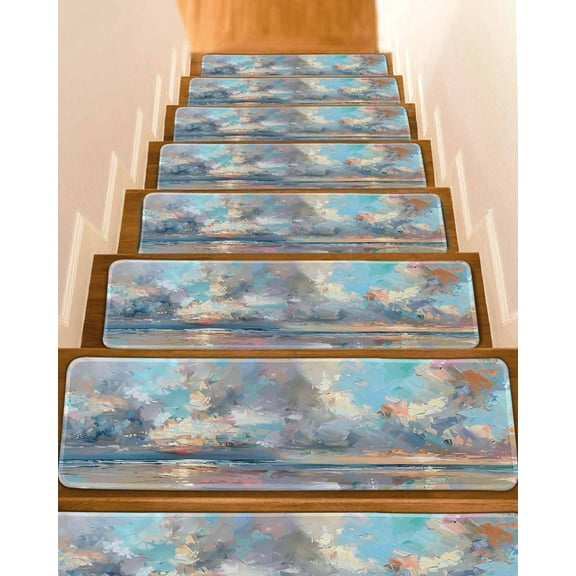 Blue Gray Coastal Stair Treads for Wooden Steps Indoor Runner Rug Carpet, Oil Painting Modern Abstract Art 10 Pieces Peel and Stick Staircase Step Treads Covers Washable Throw Door Mats, 30"x8"