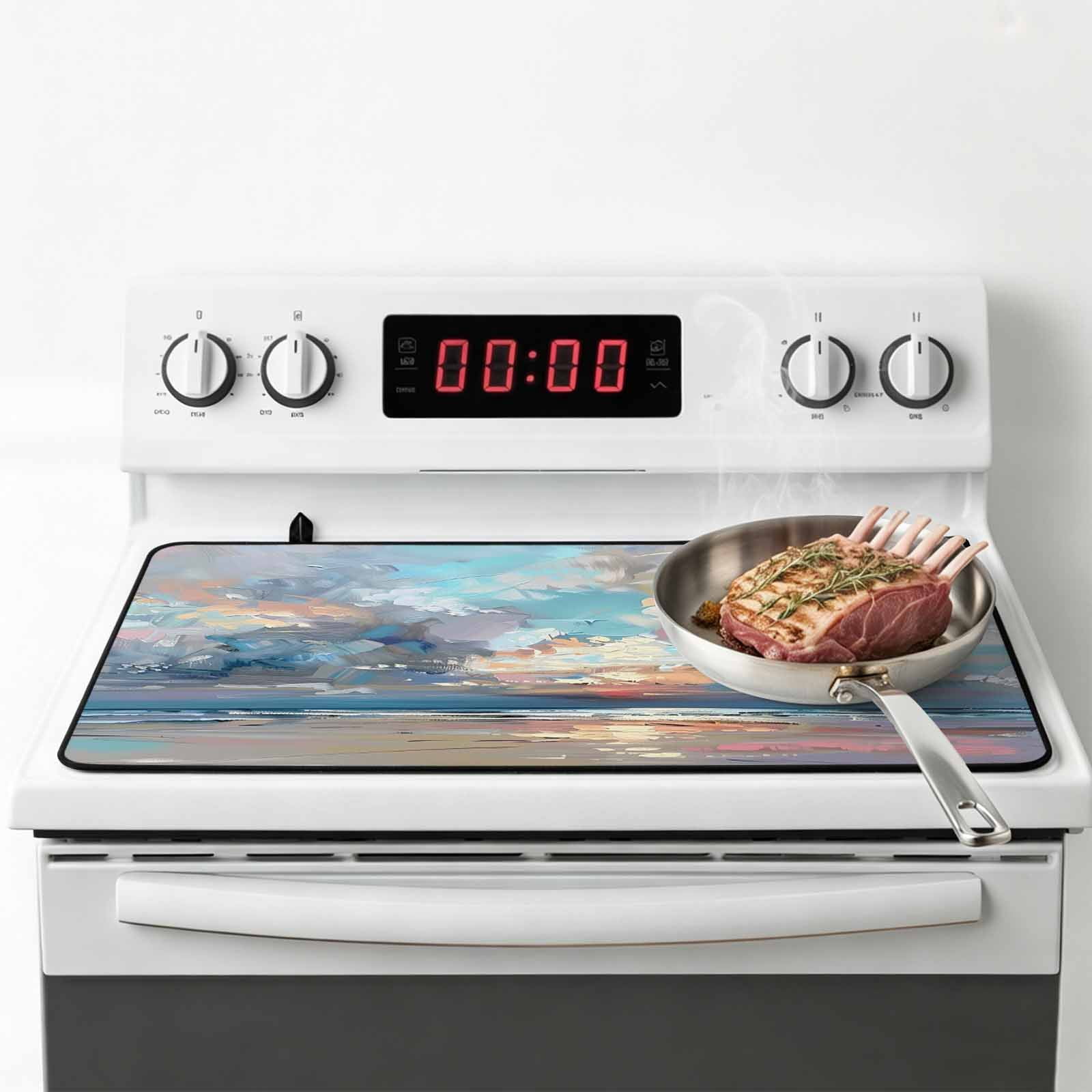Blue Gray Coastal Stove Top Cover for Electric Stove, Heat-proof & Non Slip Glass Top Stove Cover Protector, Oil Painting Modern Abstract Art Kitchen Flat Cooktop Rubber Mat 24x21 Inches