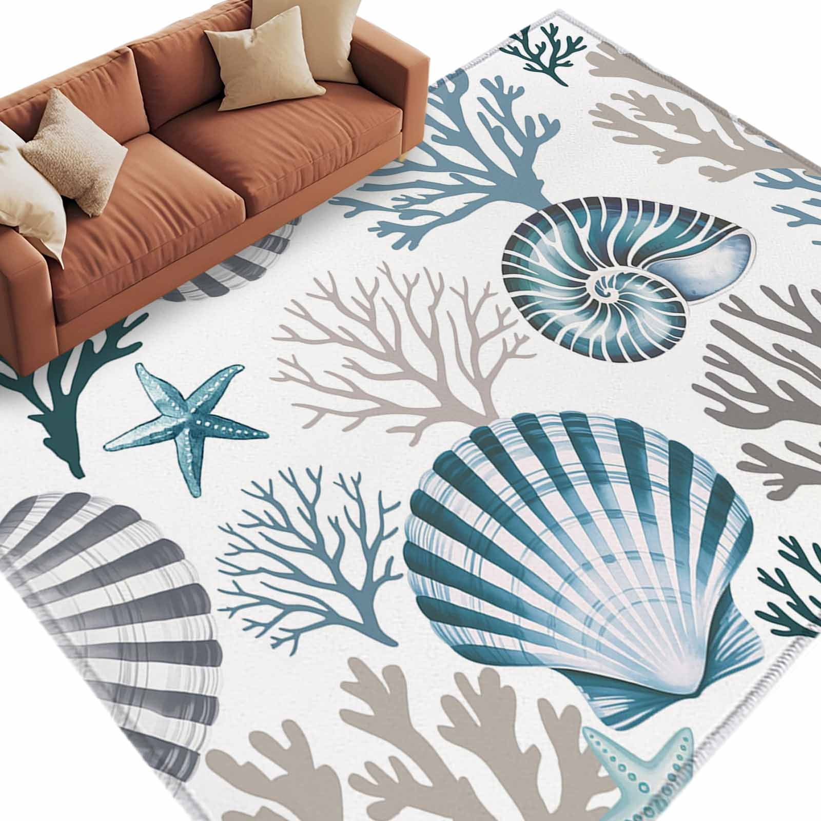Blue Gray Coastal Washable Living Room Rugs 8'x10', Scallop Coral Shell ...